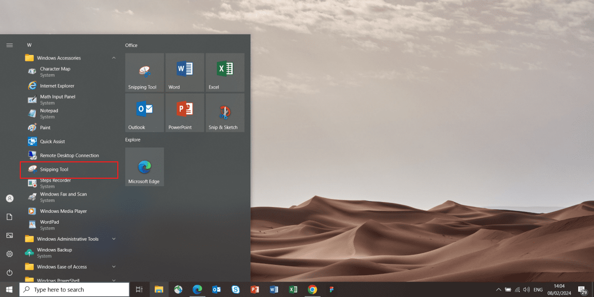 Snipping Tool shortcut in the Start Menu on Windows 10