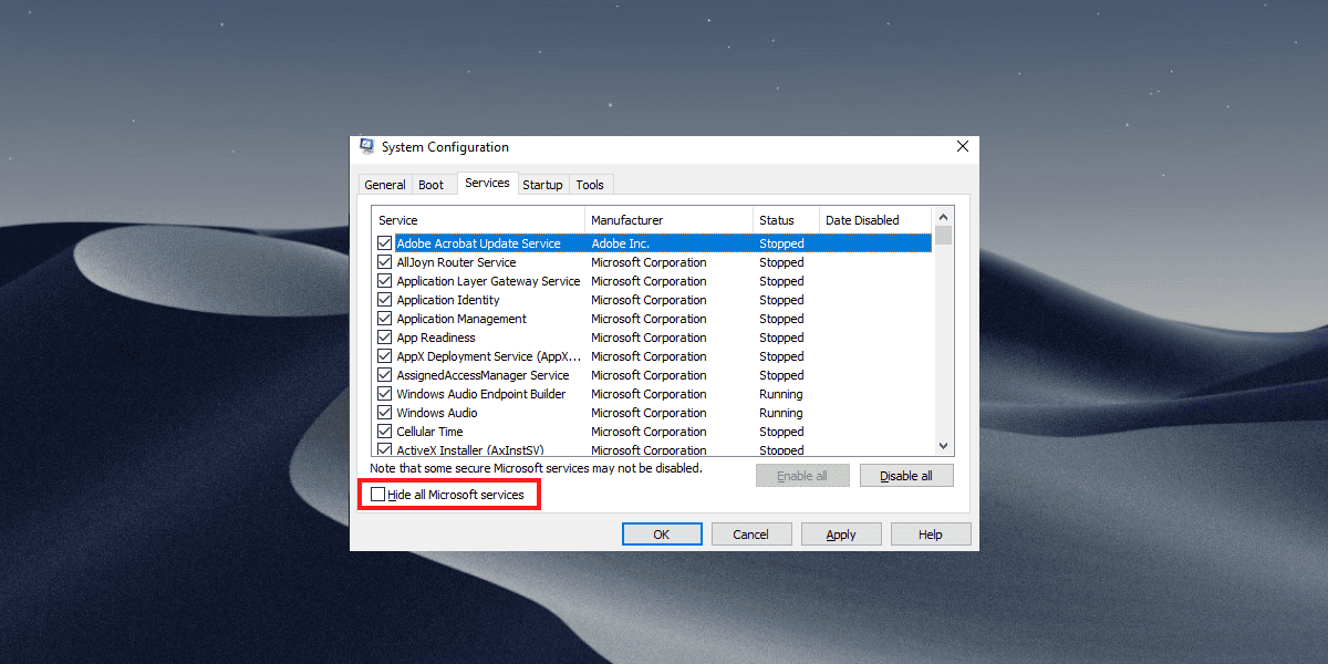 Services tab in System Configuration Settings
