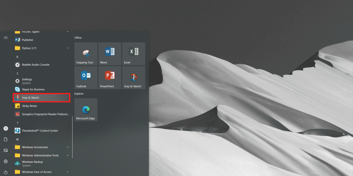 Snip and Sketch in Start Menu