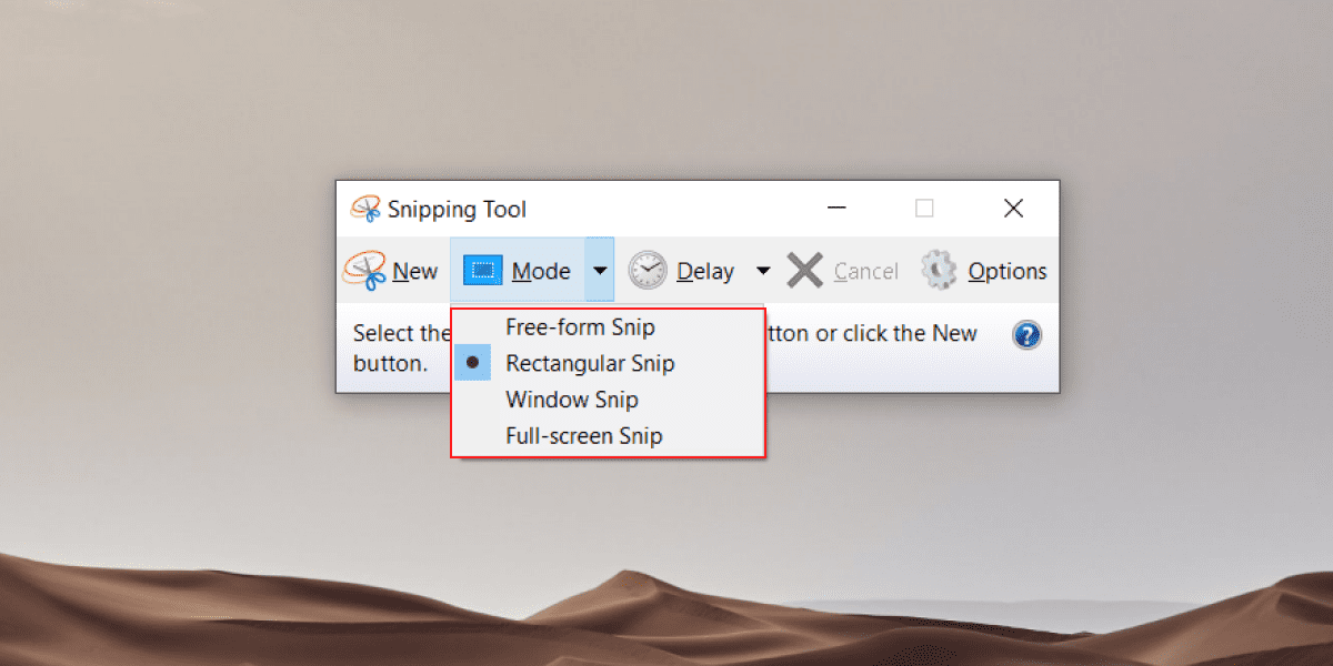 Snip types in Snipping Tool on Windows 10