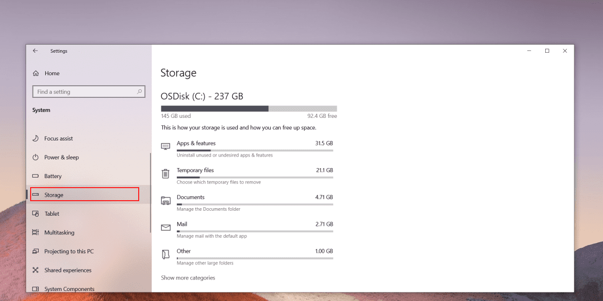 Storage section in System Settings