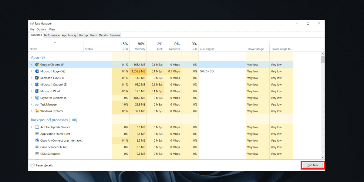 End Task button in Task Manager
