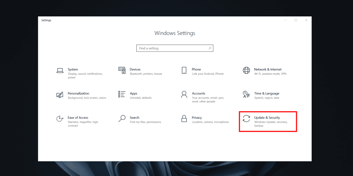 Update & Security section in Windows Settings