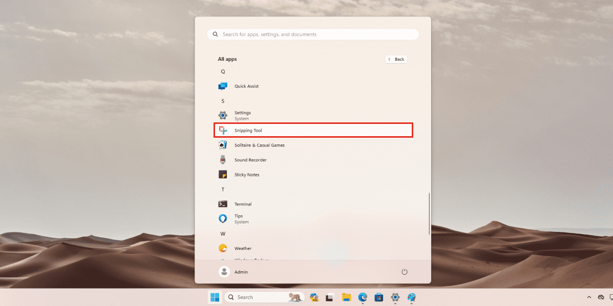 Snipping Tool shortcut in the Start Menu on Windows 11