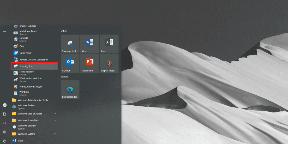Snipping Tool in Start Menu