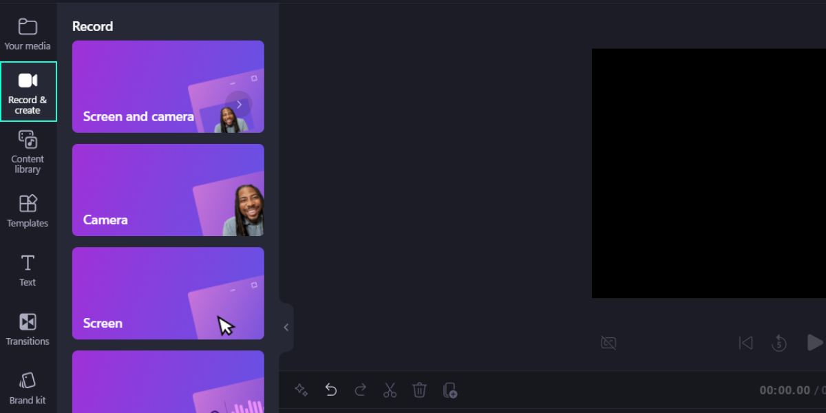 Record & Create tab on the toolbar in Clipchamp