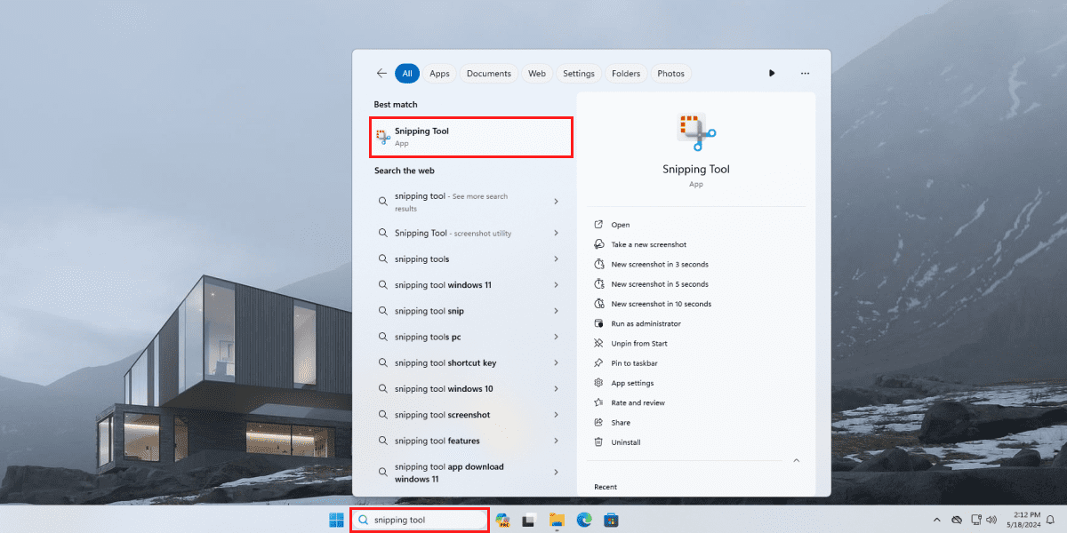 Snipping Tool in Windows search bar on HP laptop/desktop (Windows 11)