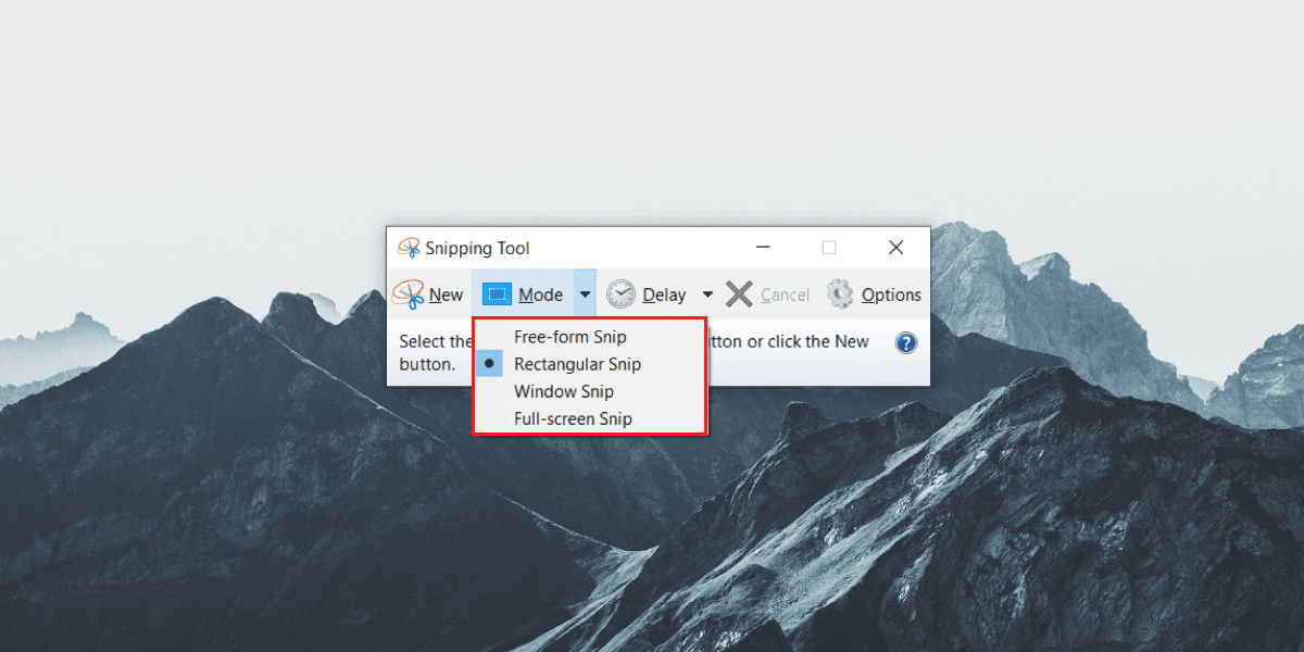 Snip modes in Snipping Tool to capture screenshots on Windows 10